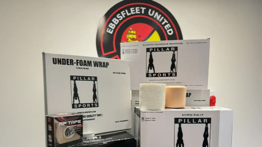 ebbsfleet united receives tapes from pillar sports, tapes include under foam wrap, ranging panda kinesiologoy tape, elastic adhesive bandage and hypo fix it tapes